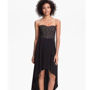 BCBGMaxAzria High low maxi eyelet bustier dress